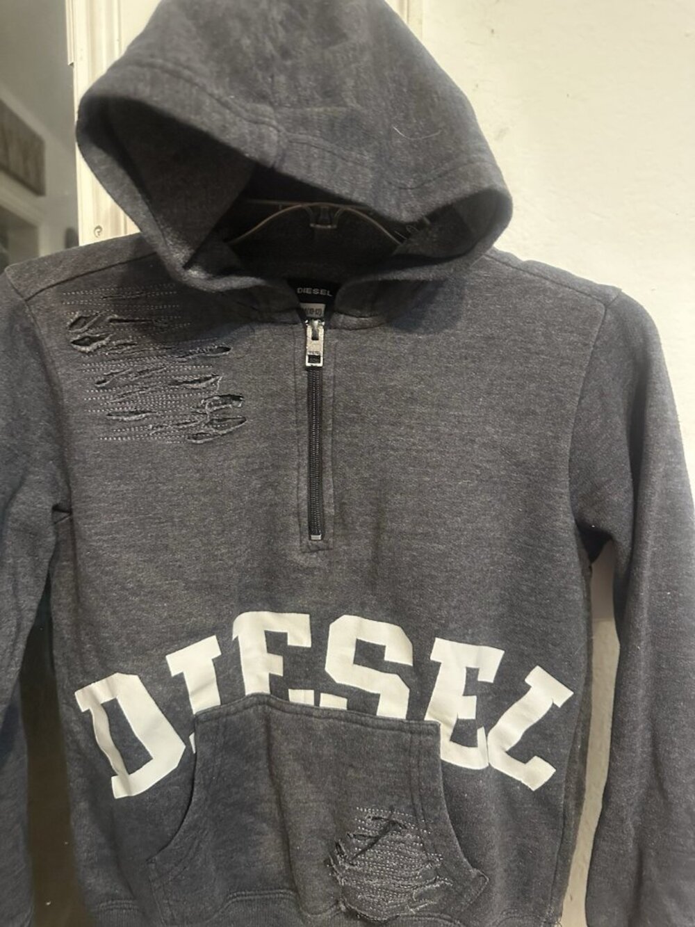 Diesel Hoodie Youth Med. 8-10, Gray 1/4 Zip Sweatshirt Boys Factory Distressed